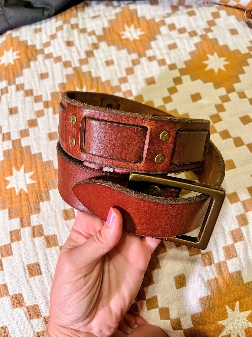 Lucky Brand brown woven leather studded belt men’s size 32 chunky brass buckle